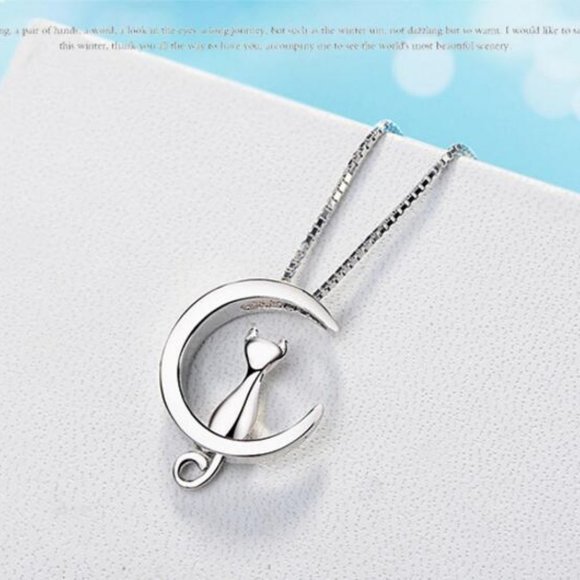 NEW 925 Sterling Silver Cat Moon Necklace - Picture 7 of 8